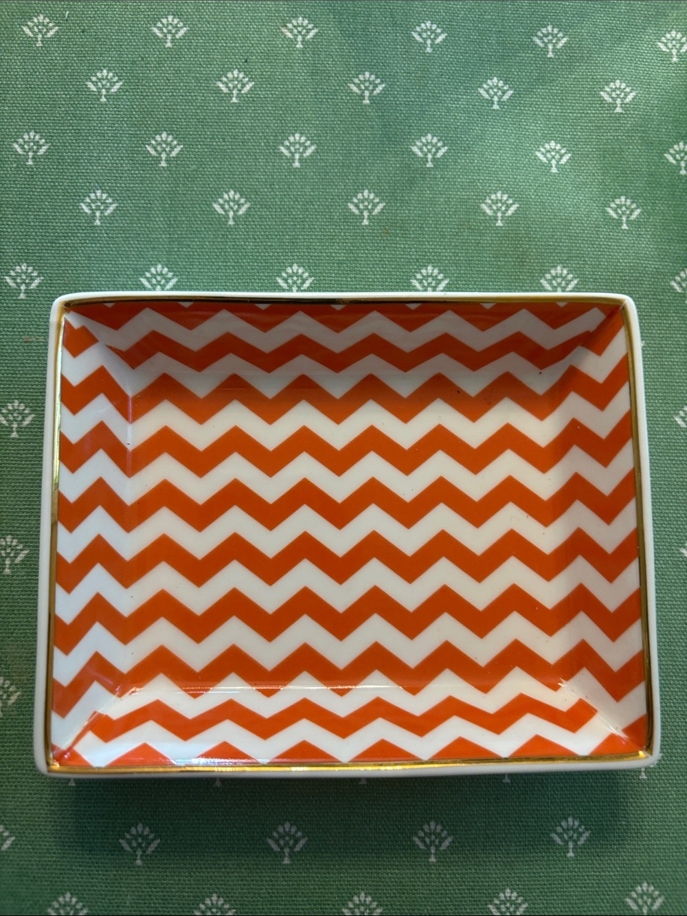 J. Crew Orange Chevron Ceramic Trinket Tray with Gold Trim